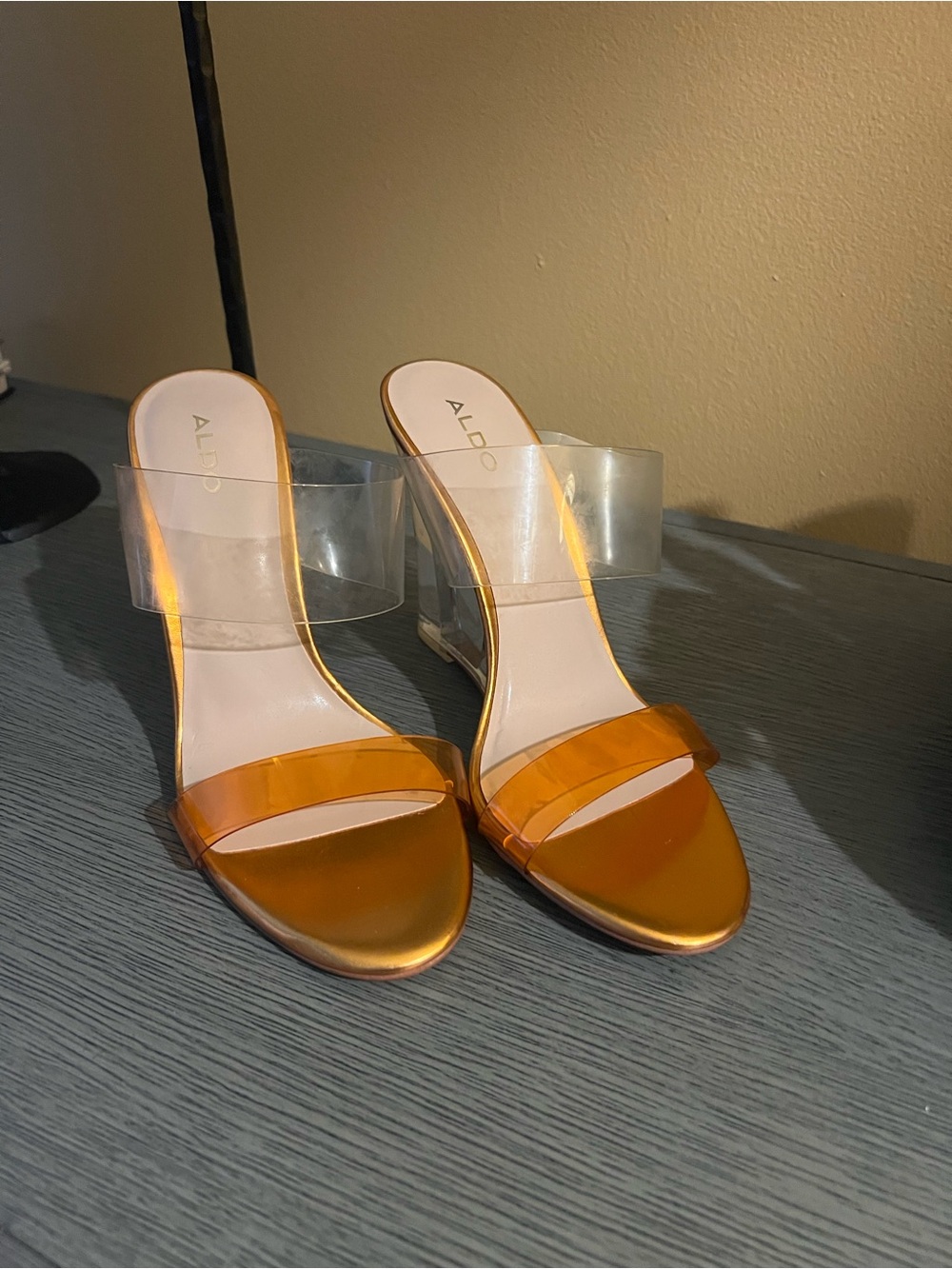 Aldo Metallic Orange Clear Strap Heeled Mules